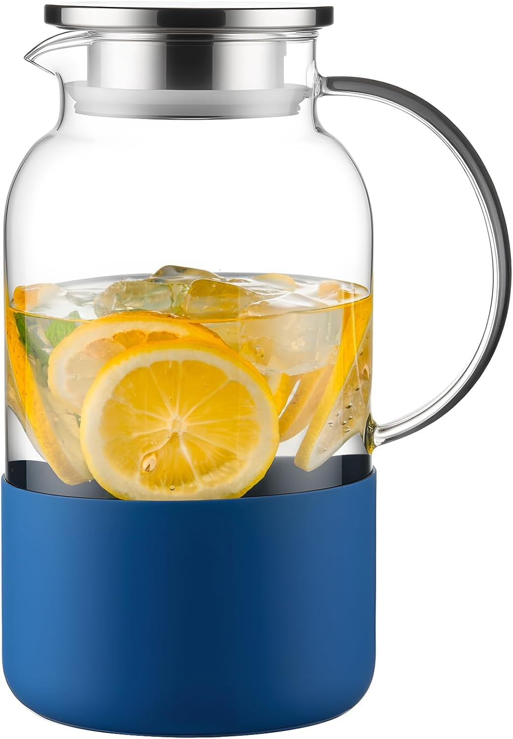 SUMMIT Water Pitcher with Silicone Base 61oz/ 1.8L, Hot& Cold Glass Pitcher with Lid and Handle, Glass Carafe with Lid for Coffee, Juice, Lemonade and Milk (blue)