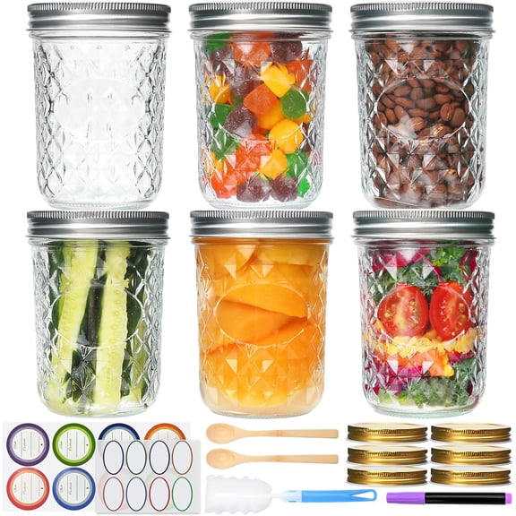 SUMMIT-Wide Mouth Mason Jars 16 oz with Airtight Lids,6 Pack Glass Canning Jar for Preserving,500ml Diamond Glass Jars with Lids for Jam,Fruits Salad,Food Storage,Pickling,Fermenting and Party Favors