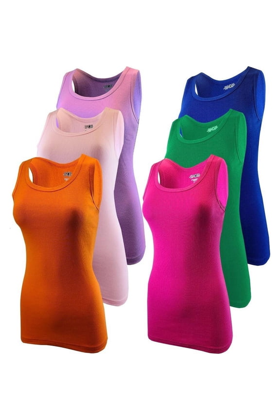 Women 6 Pack Assorted Color Tank Tops Ribbed Cotton A-Shirts Basic Sleeveless