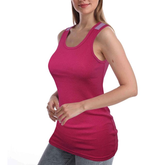 SUMONA Women Round Neck Accent Two Tones Casual Basic Ribbed Tank Top