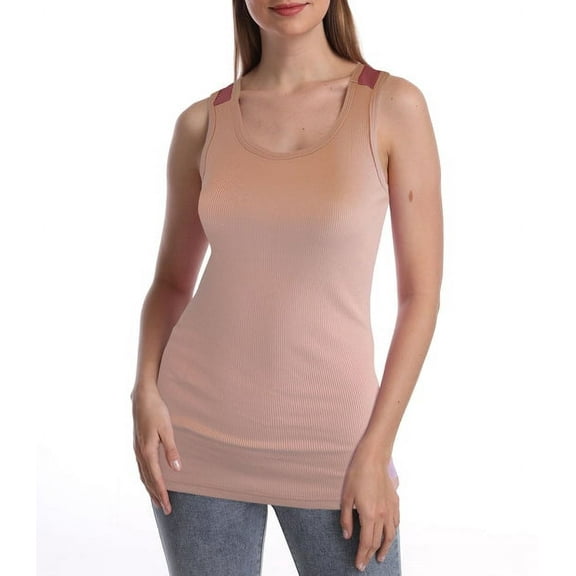 SUMONA Women Round Neck Accent Two Tones Casual Basic Ribbed Tank Top