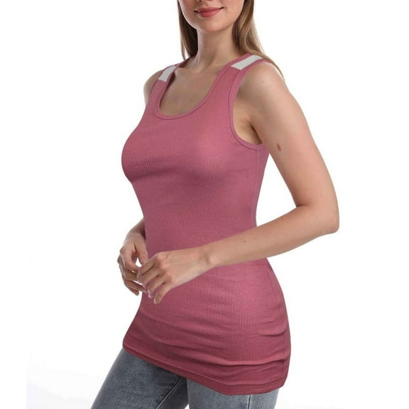 SUMONA Women Round Neck Accent White Two Tone Casual Basic Ribbed Tank Top