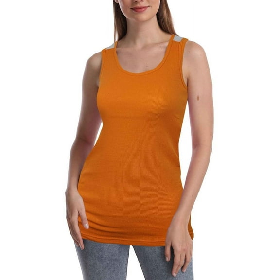 SUMONA Women Round Neck Accent White Two Tone Casual Basic Ribbed Tank Top