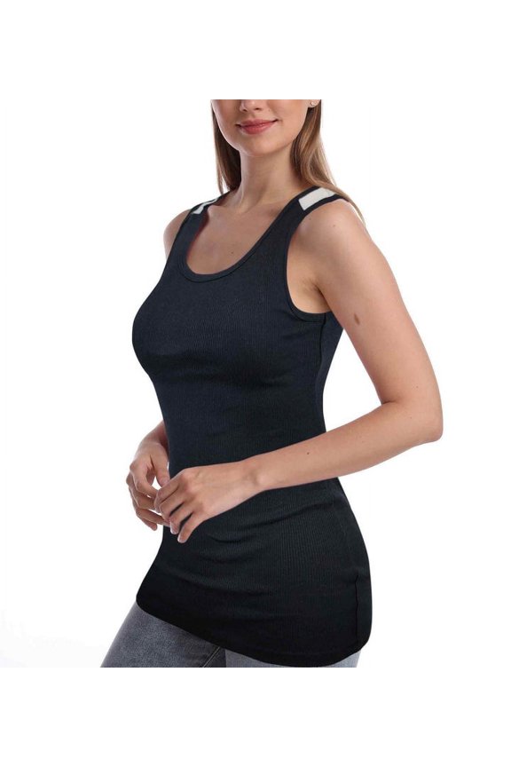 Women Round Neck Accent White Two Tone Casual Basic Ribbed Tank Top