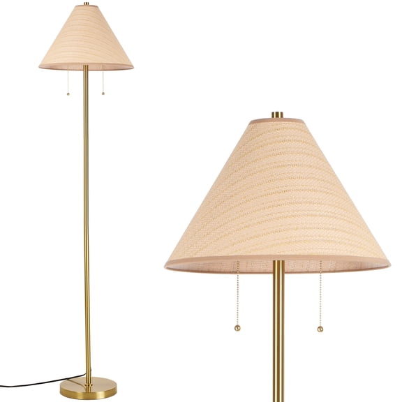 SUNMORY Gold Floor Lamps for Living Room, Modern Brass Standing Lamp with Nature Rattan Shade, Heavy Duty Base, Mid Century Tall Pole Lamp for Bedroom, Office & Reading Nook, Living Room Boho Decor