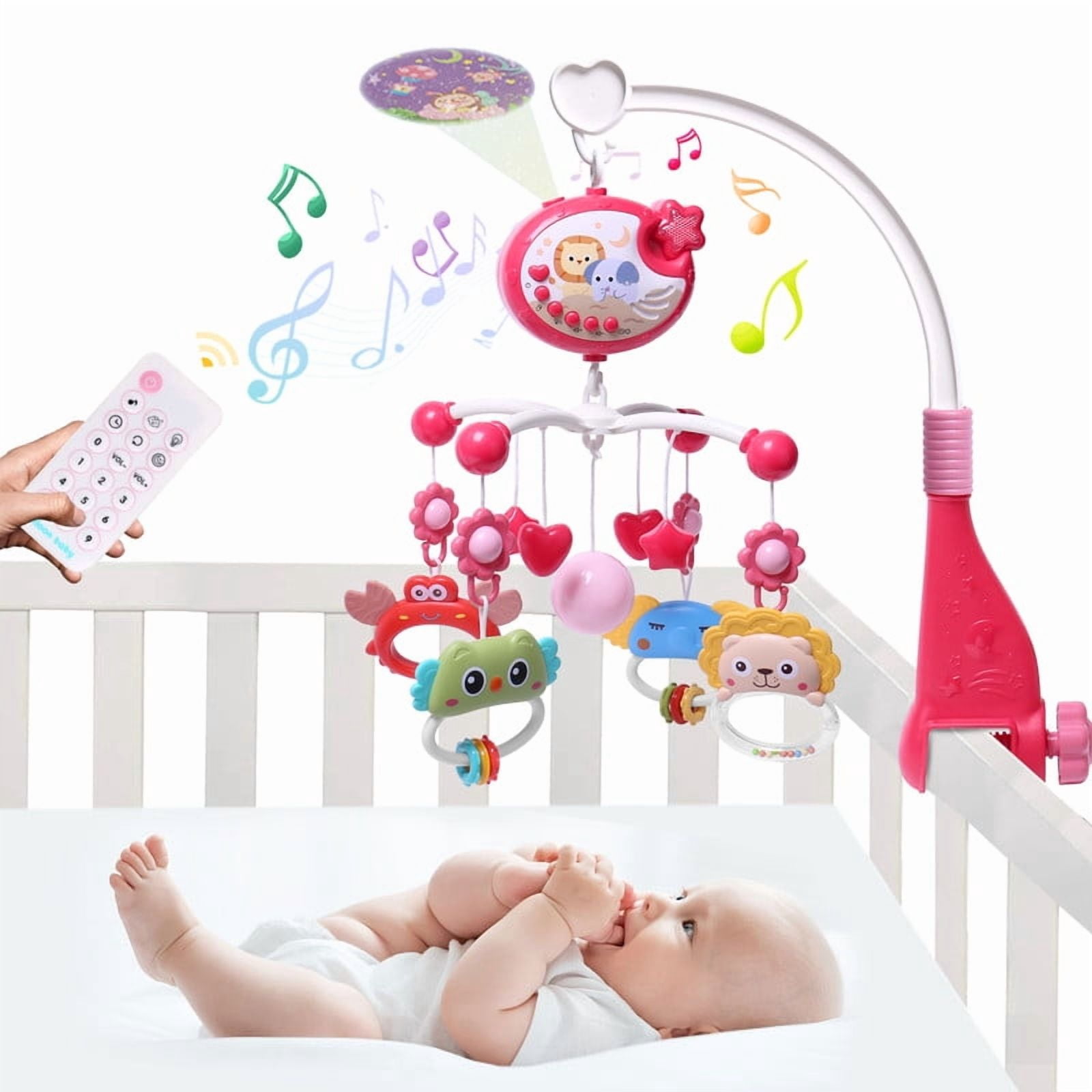 SUMWE Baby Mobile for Crib with Crib Toys Music and Lights for Pack and Paly Crib Musical Carousel Mobile Baby Mobile for Girls and Boys Portable Mobile for Baby Bassinet Toys Hanging - Red