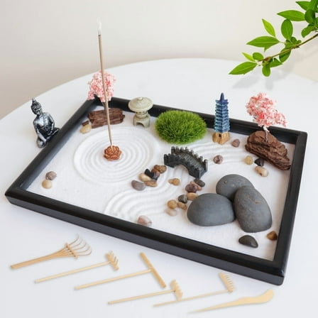 SUMWE Zen Garden for Desk Mini Japanese Desktop Sand Office Miniature Zen Garden Box with Kit 11.8 X 7.9 in