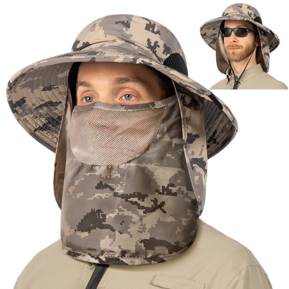 SUN CUBE Fishing Hat for Men Outdoor UV Sun Protection Wide Brim Sun Hat with Neck Flap Face Cover - Outdoor Hiking Safari UPF50  Boonie Bucket Hat (Camo Gray)