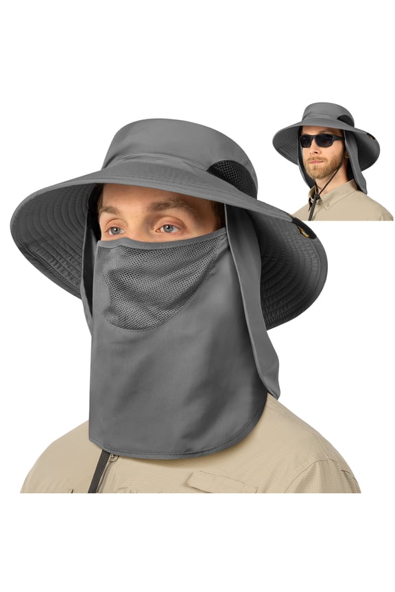 Fishing Hat for Men Outdoor UV Sun Protection Wide Brim Sun Hat with Neck Flap Face Cover - Outdoor Hiking Safari UPF50+ Boonie Bucket Hat (Gray)
