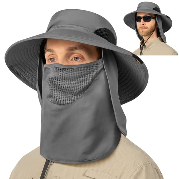 SUN CUBE Fishing Hat for Men Outdoor UV Sun Protection Wide Brim Sun Hat with Neck Flap Face Cover - Outdoor Hiking Safari UPF50+ Boonie Bucket Hat (Gray)