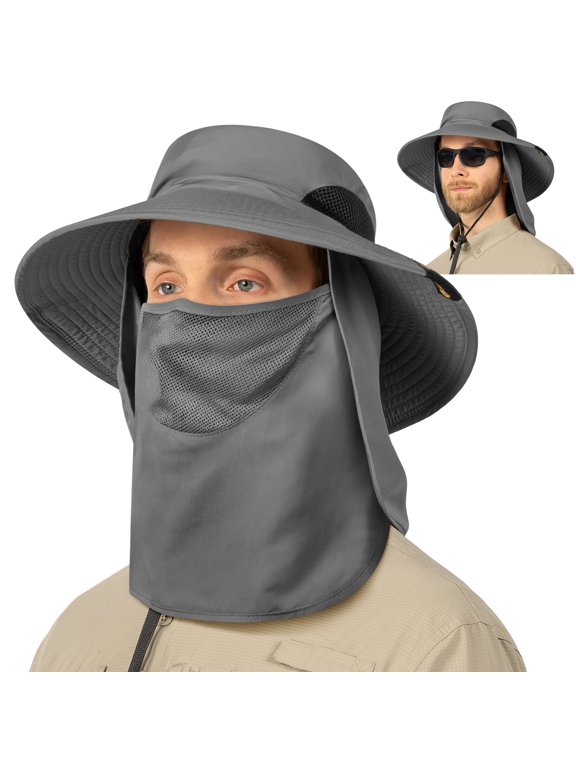 Fishing Hat for Men Outdoor UV Sun Protection Wide Brim Sun Hat with Neck Flap Face Cover - Outdoor Hiking Safari UPF50+ Boonie Bucket Hat (Gray)