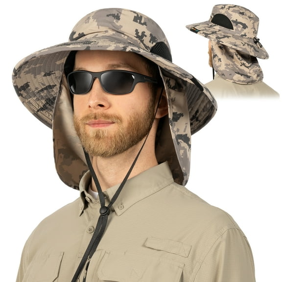 SUN CUBE Fishing Hat Sun Hat for Men, Women, Hiking Sun Hat with Neck Flap, Wide Brim, Chin Strap, Safari Summer Bucket Boonie Hat, UPF 50  Outdoor Protection, Packable Breathable Mesh (Camo Grey)