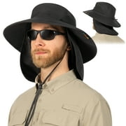 SUN CUBE Wide Brim Sun Hat for Men & Women with Neck Flap Cover, UPF 50+ UV Protection, Breathable Mesh Boonie Hat with Adjustable Chin Strap, Packable Fishing Hiking Safari Hat, Black