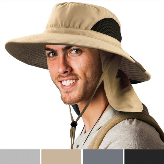 SUN CUBE Fishing Hat Sun Hat for Men, Women, Hiking Sun Hat with Neck Flap, Wide Brim, Chin Strap, Safari Summer Bucket Boonie Hat, UPF 50  Outdoor Protection, Packable Breathable Mesh (Tan)
