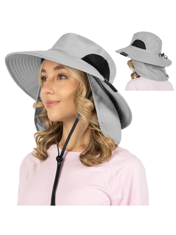 Wide Brim Sun Hat for Men & Women with Neck Flap Cover, UPF 50+ UV Protection, Breathable Mesh Boonie Hat with Adjustable Chin Strap, Packable Fishing Hiking Safari Hat, Light Grey