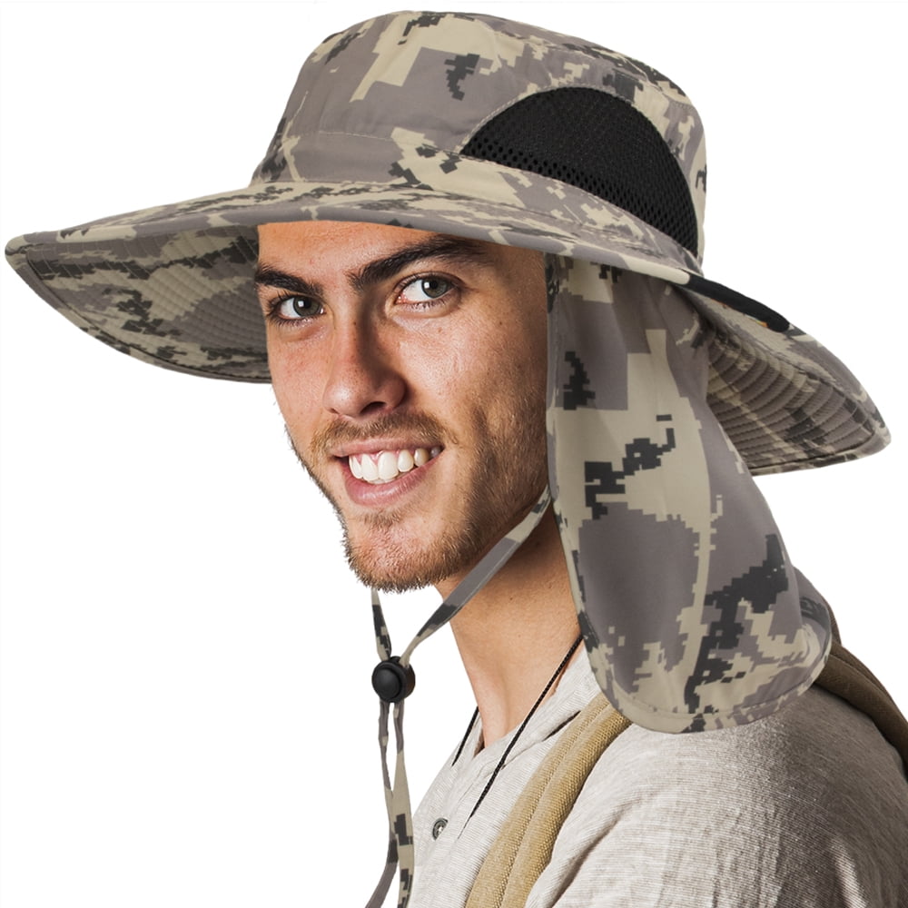 SUN CUBE Fishing Hat Sun Hat for Men, Women, Hiking Sun Hat with Neck Flap,  Wide Brim, Chin Strap, Safari Summer Bucket Boonie Hat, UPF 50+ Outdoor  Protection, Packable Breathable Mesh (Camo