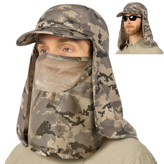 SUN CUBE Fishing Sun Hat with Neck Flap for Men Women UPF 50+ UV Protection Head Cover, Outdoor Bush Bucket Cap with Face Covering for Hiking Running Mowing Farming, Camo Grey