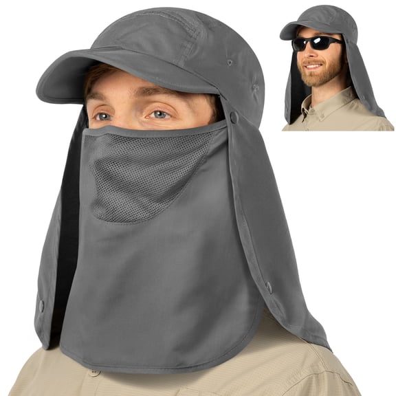 SUN CUBE Fishing Sun Hat with Neck Flap for Men Women UPF 50  UV Protection Head Cover, Outdoor Bush Bucket Cap with Face Covering for Hiking Running Mowing Farming, Grey