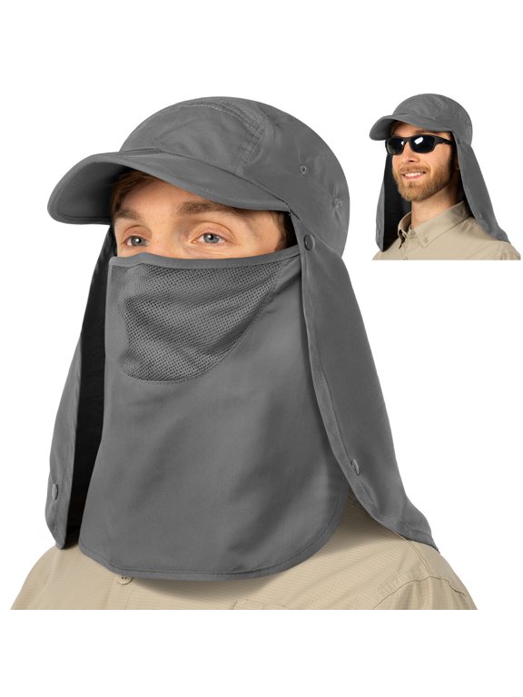 Fishing Sun Hat with Neck Flap for Men Women UPF 50+ UV Protection Head Cover, Outdoor Bush Bucket Cap with Face Covering for Hiking Running Mowing Farming, Grey