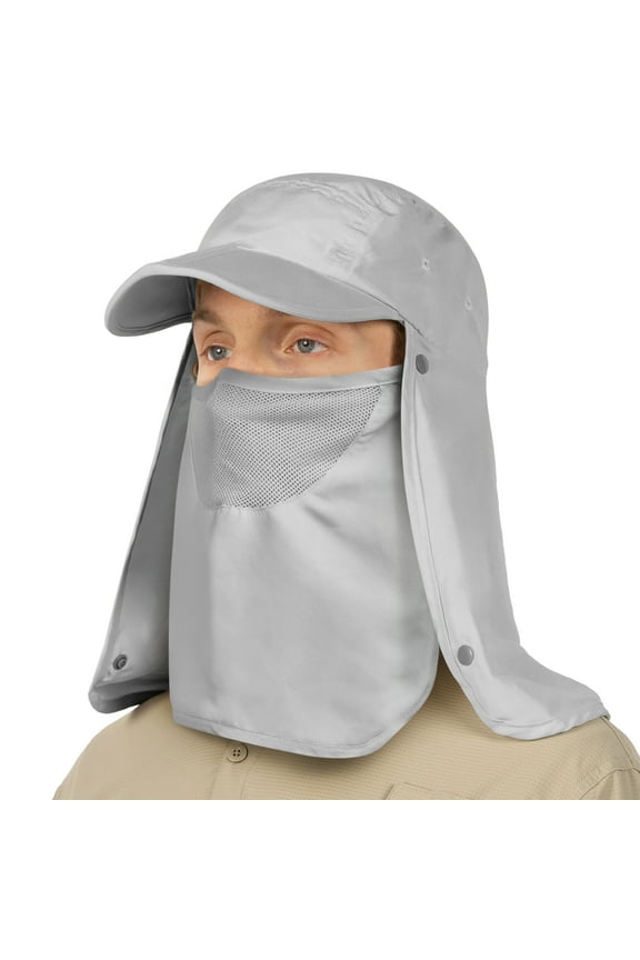 Fishing Sun Hat with Neck Flap for Men Women UPF 50+ UV Protection Head Cover, Outdoor Bush Bucket Cap with Face Covering for Hiking Running Mowing Farming, Light Grey