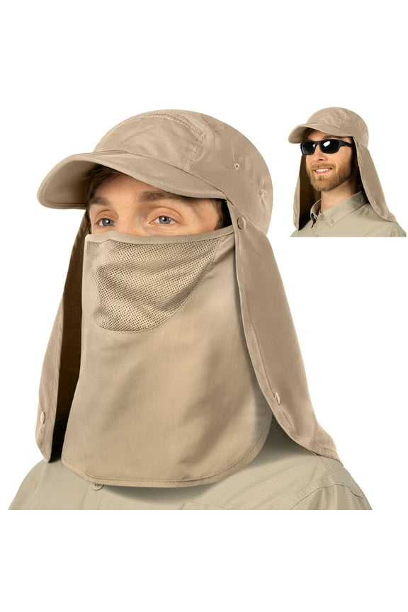 Fishing Sun Hat with Neck Flap for Men Women UPF 50+ UV Protection Head Cover, Outdoor Bush Bucket Cap with Face Covering for Hiking Running Mowing Farming, Tan
