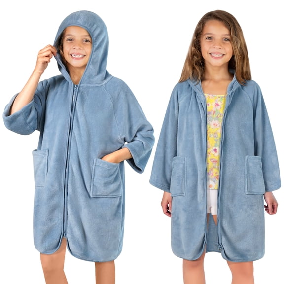 SUN CUBE Kids Hooded Towel Robe, Zip-Up Swim Cover Up Ages 7-12, Light Blue