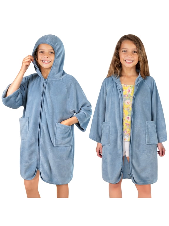 Kids Hooded Towel Robe, Zip-Up Swim Cover Up Ages 7-12, Light Blue
