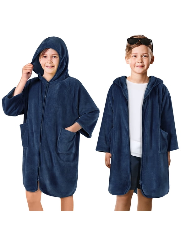 Kids Hooded Towel Robe, Zip-Up Swim Cover Up, Ages 7-12, Navy Blue