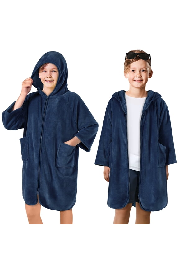 SSUN CUBE Hooded Towel Robe for Boys Girls 7-12, Kids Swim Cover Up Hoodie, Zip Up Changing Poncho, Quick Dry Absorbent Fleece Swimsuit Coverup for Pool Beach Surf Bath, Navy Blue