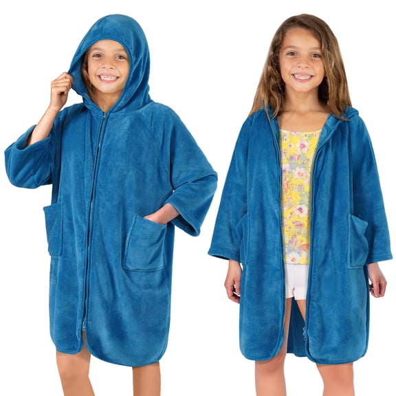SUN CUBE Hooded Towel Robe for Boys Girls 7-12, Kids Swim Cover Up Hoodie, Zip Up Changing Poncho, Quick Dry Absorbent Fleece Swimsuit Coverup for Pool Beach Surf Bath, Sea Blue