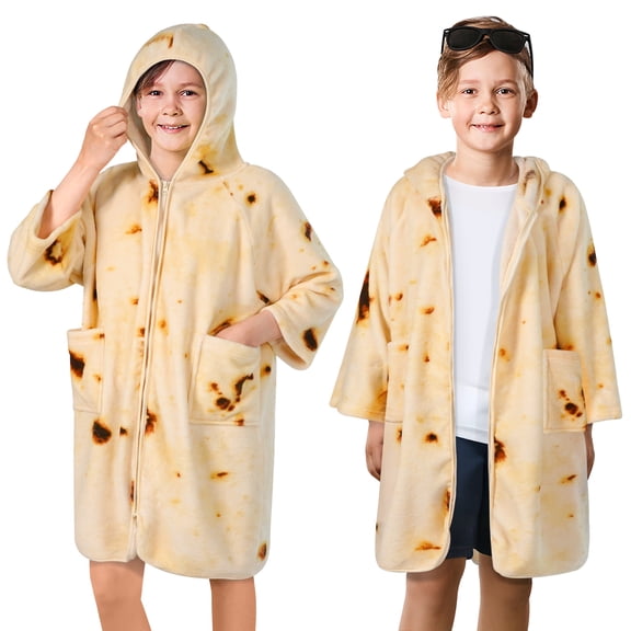 SUN CUBE Kids Hooded Towel Robe, Zip-Up Swim Cover Up, Ages 7-12, Burrito