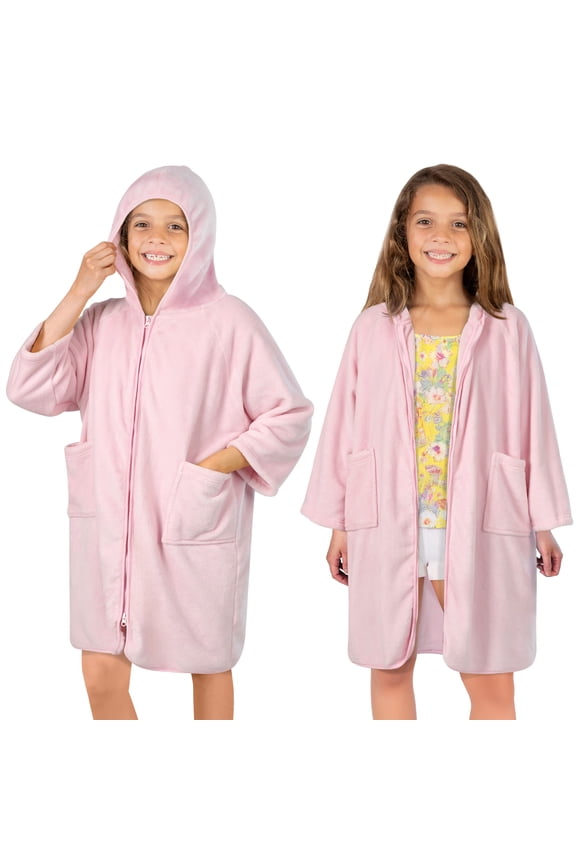Hooded Towel Robe for Girls 7-12, Kids Swim Cover Up Hoodie, Zip Up Changing Poncho, Quick Dry Absorbent Fleece Swimsuit Coverup for Pool Beach Surf Bath, Pink