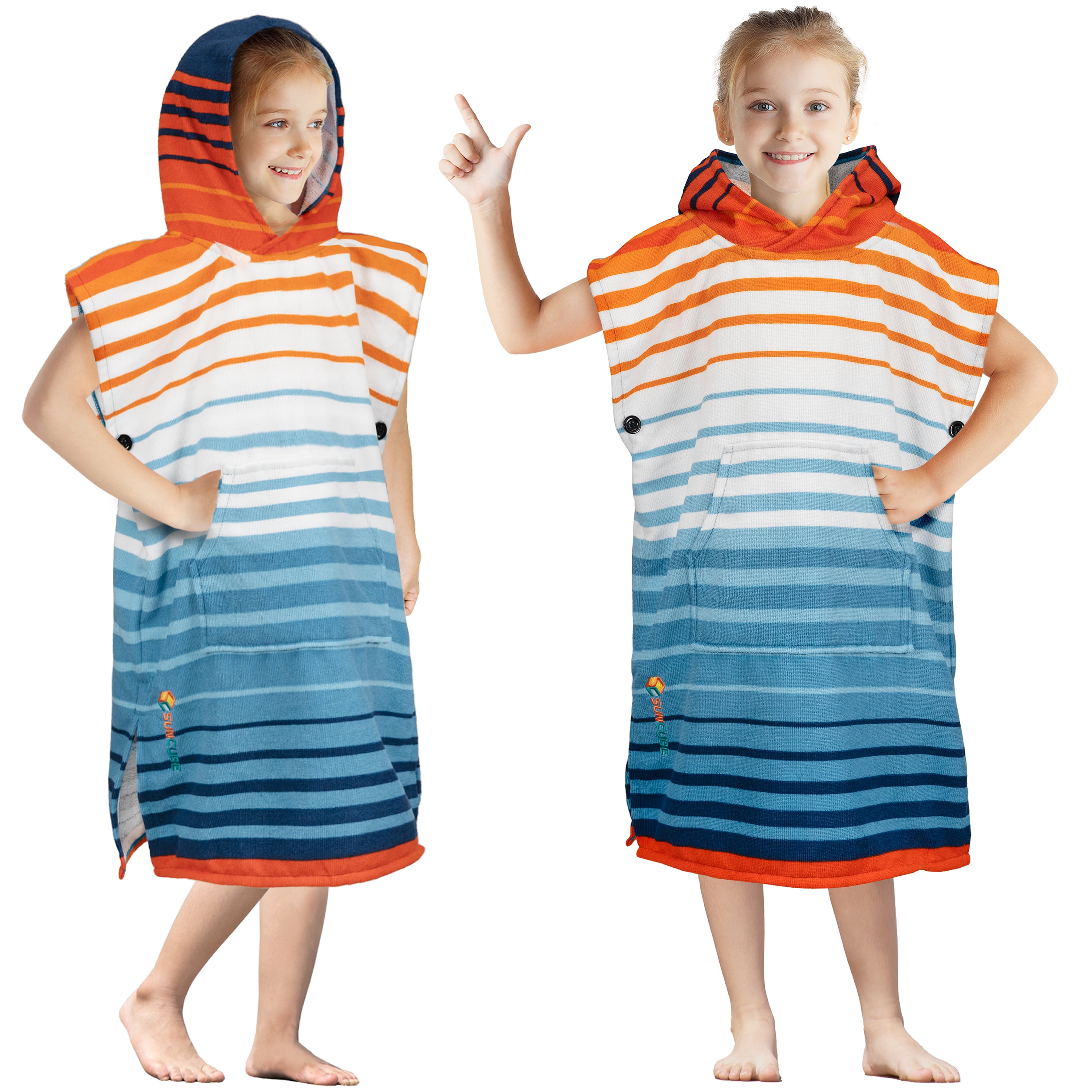 SUN CUBE Kids Changing Robe Surf Poncho, Kids Beach Towels, Hooded Towel For Teens Bath Pool, Microfiber Quick Dry Wearable Towel Poncho with Hood, Swim Towel for Girls 8-12 Years,  Orange Stripe