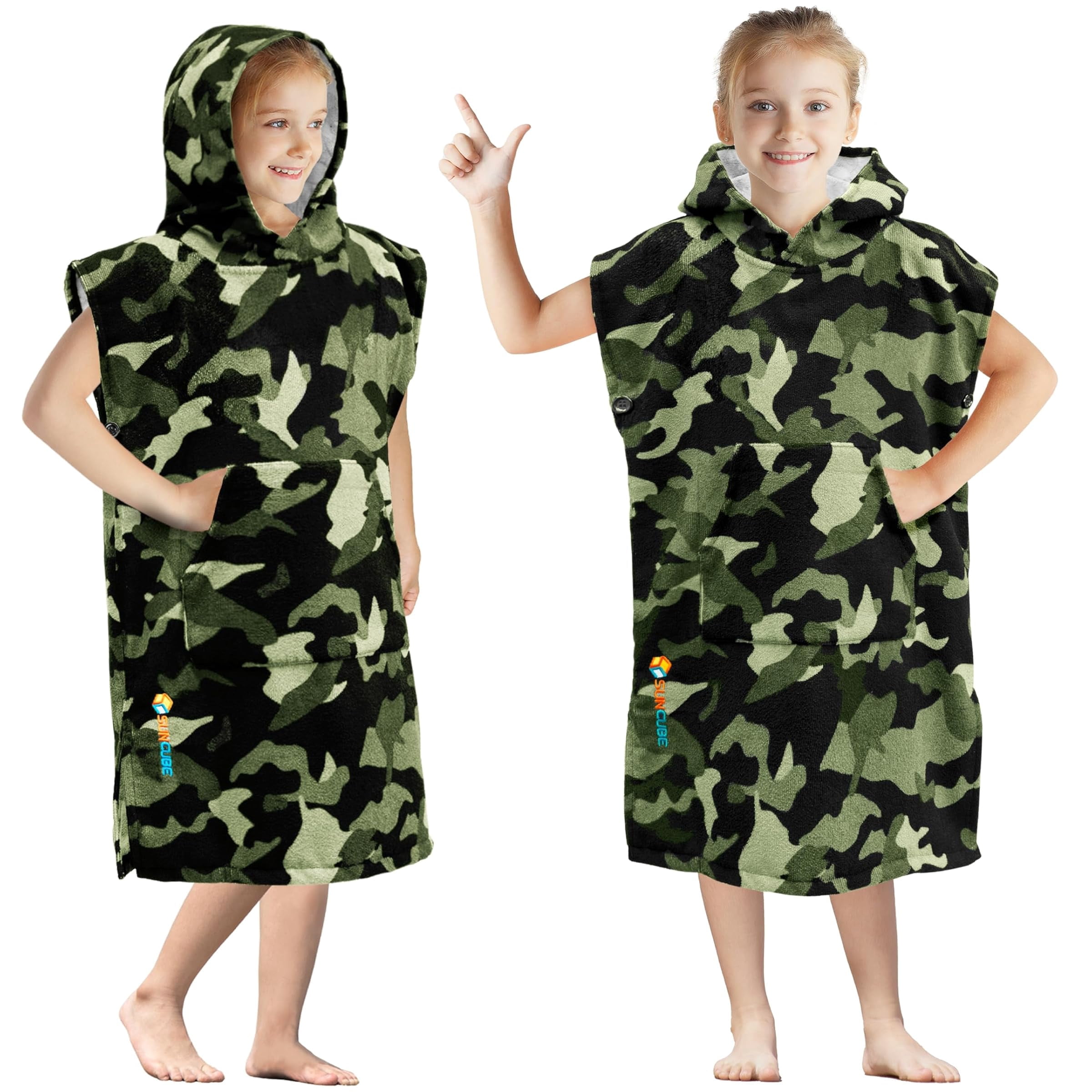 SUN CUBE Kids Changing Robe Surf Poncho, Kids Beach Towels, Hooded Towel For Toddler Bath Pool, Microfiber Quick Dry Wearable Towel Poncho with Hood, Swim Towel for Boys Girls 3-7 Years, Camo Green
