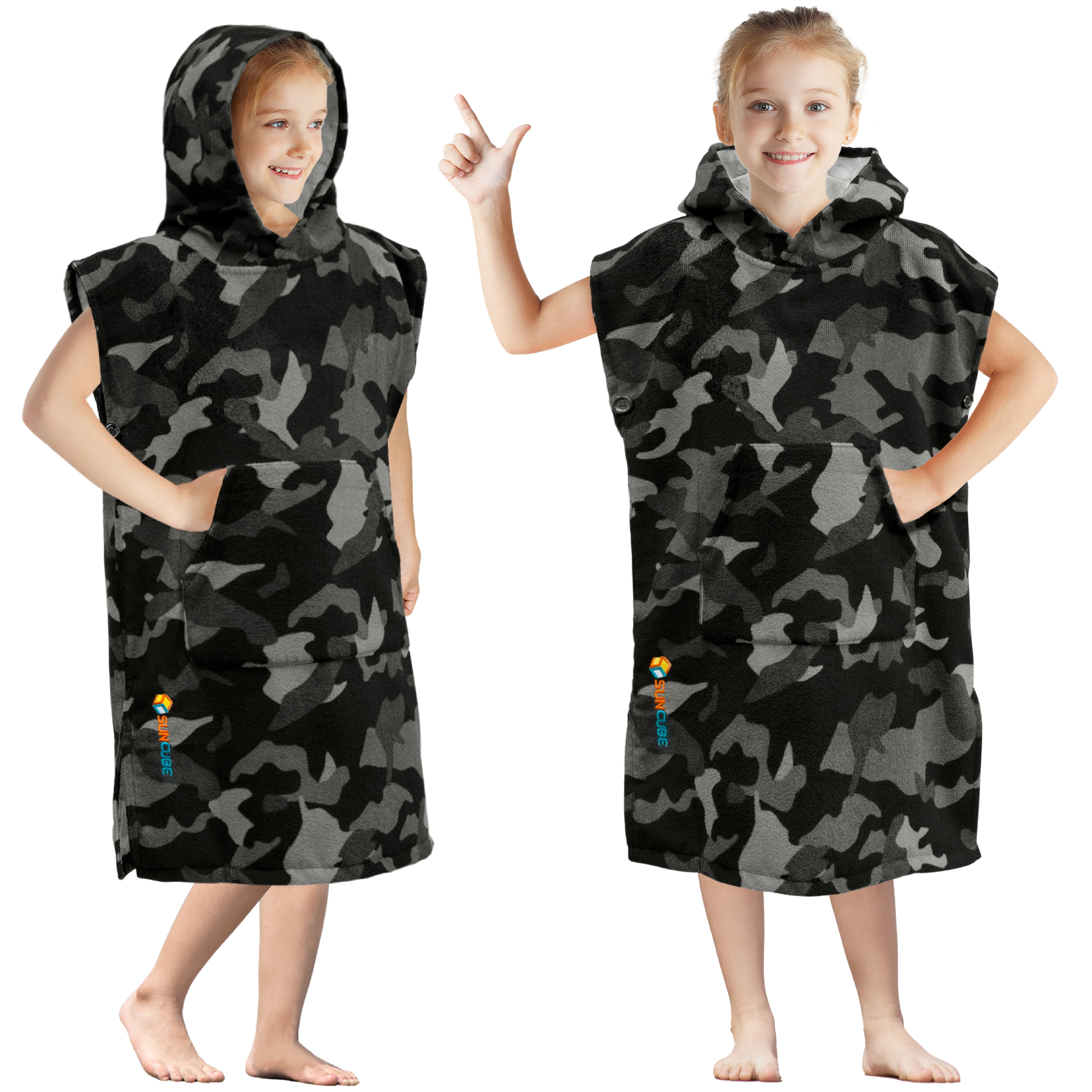 SUN CUBE Kids Changing Robe Surf Poncho, Kids Beach Towels, Hooded Towel For Toddler Bath Pool, Microfiber Quick Dry Wearable Towel Poncho with Hood, Swim Towel for Boys Girls 3-7 Years, Camo Black