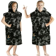 SUN CUBE Kids Changing Robe Surf Poncho, Hooded Beach Towel, Camo Black