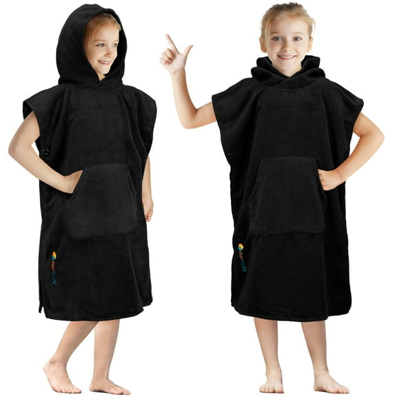 SUN CUBE Kids Changing Robe Surf Poncho, Kids Beach Towels, Hooded Towel For Toddler Bath Pool, Microfiber Quick Dry Wearable Towel Poncho with Hood, Swim Towel for Boys Girls 3-7 Years, Black