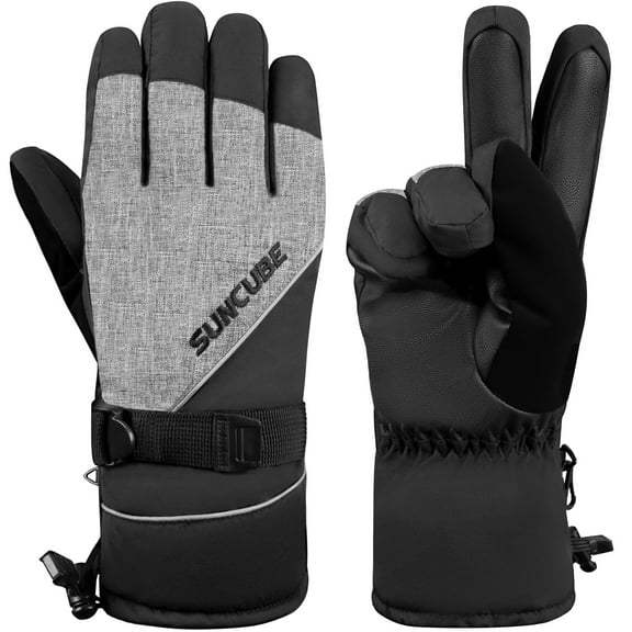 SUN CUBE Premium Ski Gloves Men, Waterproof Snow Gloves for Adults, Mens Snowboard Gloves & Skiing Gloves Winter Gloves for Snowboarding Cold Weather Warm Insulated Gloves Men Women (Gray Medium)