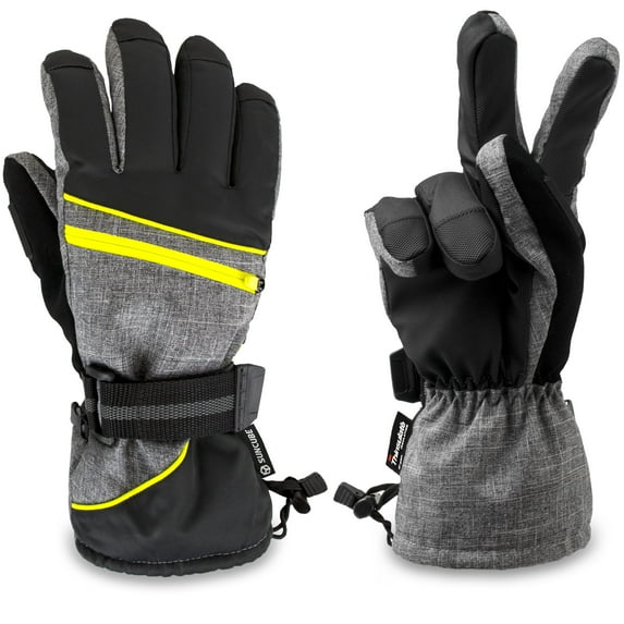 SUN CUBE Ski Gloves Men Women | Waterproof Breathable Snow Gloves | Windproof Winter Outdoor Snowboard Snowmobile Hiking | Warm Thermal Insulation 3M Thinsulate Zipper Pocket (Gray Yellow Trim Medium)