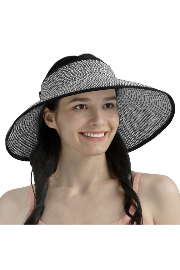 Sun Visor Hats Women, Straw Beach Hats for Women, Wide Brim Summer Ponytail Hat, Packable Rollup Visor, Travel Foldable UV Protection Sunhat - Black and White