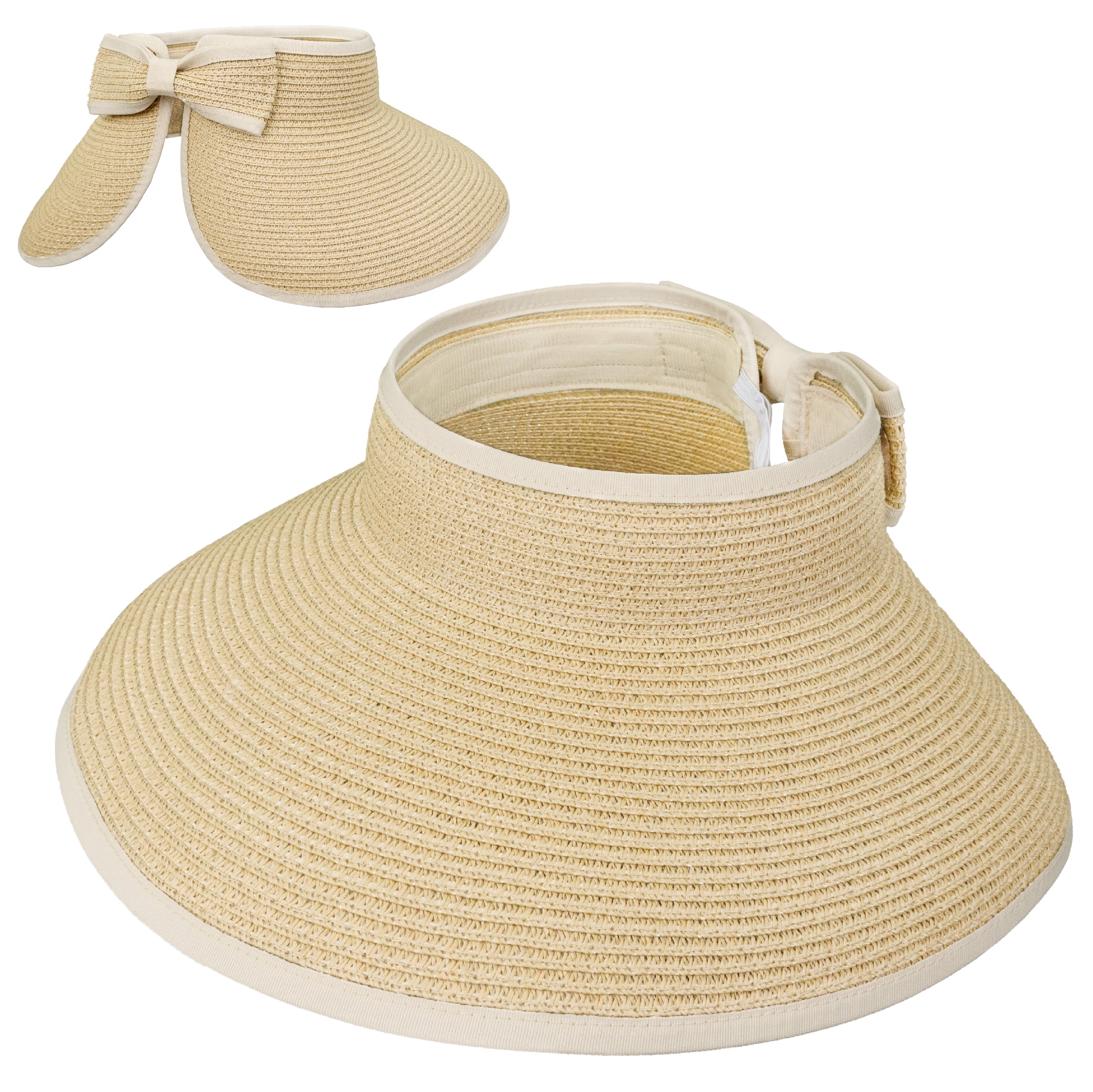 SUN CUBE Sun Visor Hats Women, Straw Beach Hats for Women, Wide Brim Summer  Ponytail Hat, Packable Rollup Visor, Travel Foldable UV Protection Sunhat -  Brown 