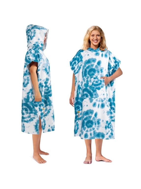 Surf Poncho Changing Robe with Hood, Quick Dry Microfiber Wetsuit Changing Towel for Surfing Beach Swim Outdoor Sports Men, Absorbent Wearable Towel Cover Up with Pocket, Tie-Dye Blue