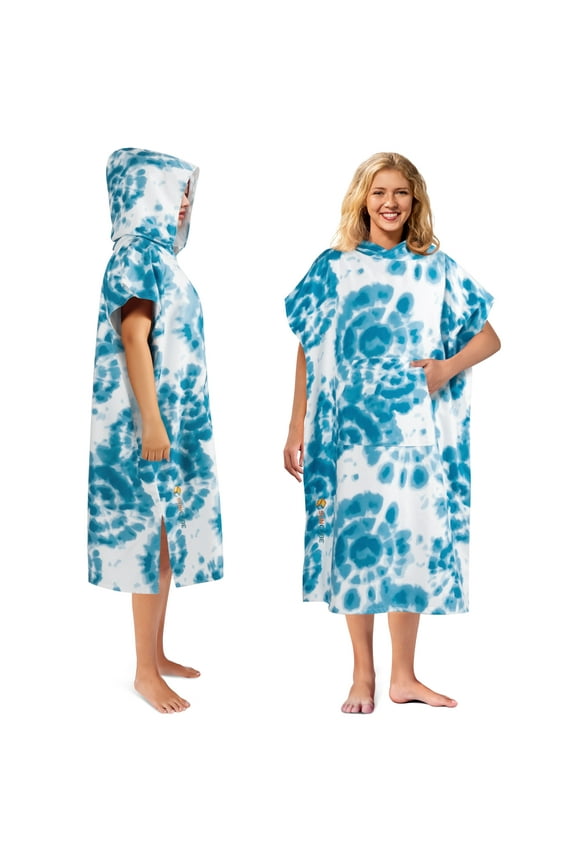 Surf Poncho Changing Robe with Hood, Quick Dry Microfiber Wetsuit Changing Towel for Surfing Beach Swim Outdoor Sports Men, Absorbent Wearable Towel Cover Up with Pocket, Tie-Dye Blue