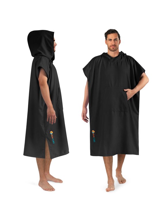 Surf Poncho Changing Robe with Hood, Quick Dry Microfiber Wetsuit Changing Towel for Surfing Beach Swim Outdoor Sports Men, Absorbent Wearable Towel Cover Up with Pocket, Black