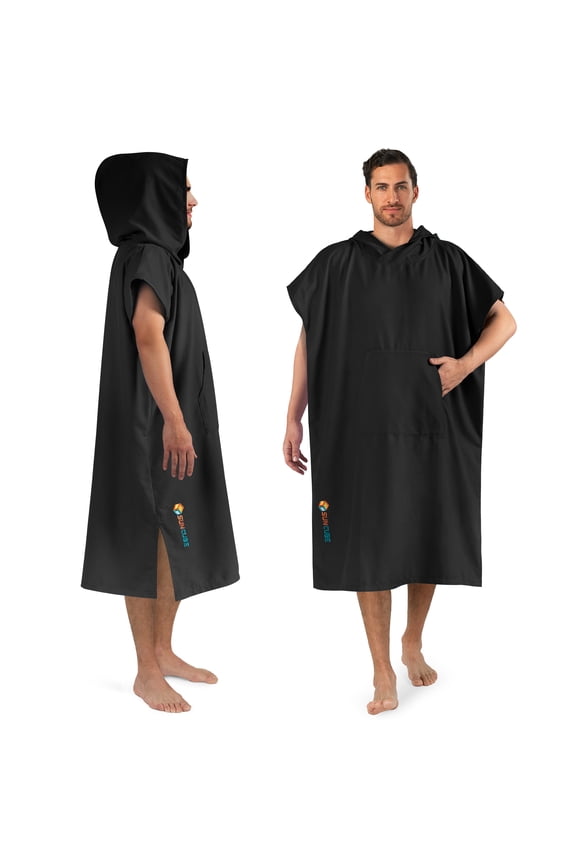 Surf Poncho Changing Robe with Hood, Quick Dry Microfiber Wetsuit Changing Towel for Surfing Beach Swim Outdoor Sports Men, Absorbent Wearable Towel Cover Up with Pocket, Black