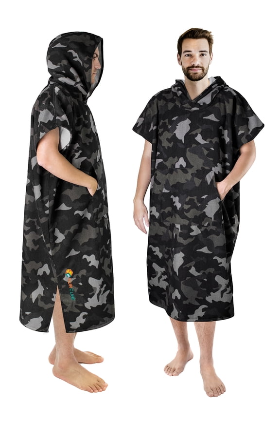 Surf Poncho Changing Robe with Hood, Thick Quick Dry Microfiber Wetsuit Changing Towel for Surfing Beach Swim Outdoor Sports Men, Absorbent Wearable Towel Cover Up with Pocket, Camo Black