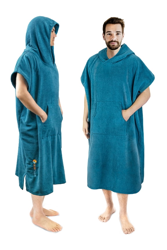 Surf Poncho Changing Robe with Hood, Thick Quick Dry Microfiber Wetsuit Changing Towel for Surfing Beach Swim Outdoor Sports Men, Absorbent Wearable Towel Cover Up, Turquoise Sea Blue