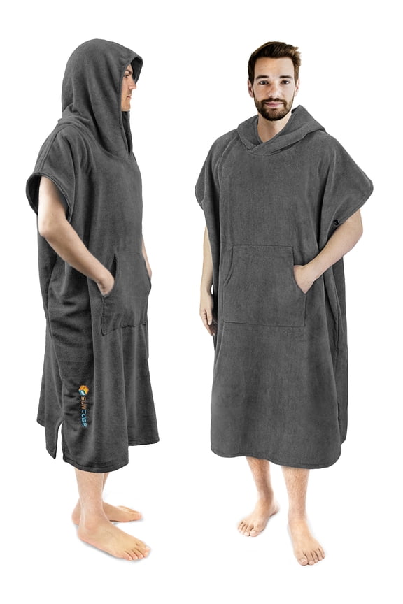Surf Poncho Changing Robe with Hood, Thick Quick Dry Microfiber Wetsuit Changing Towel for Surfing Beach Swim Outdoor Sports Men, Absorbent Wearable Towel Cover Up with Pocket, Gray