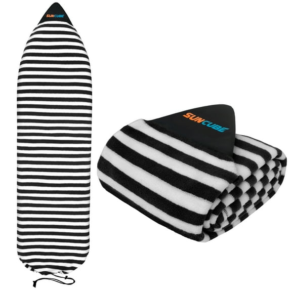 SUN CUBE Surfboard Sock Cover, Protective Surf Bag for Surfing Board, Light Stretchy Surfbag Sleeve for Shortboard, Hybrid (6'6'', Black White)