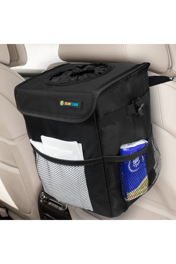 WATERPROOF Car Trash Can with Lid, Mesh Pockets | Leakproof Car Garbage Can Hanging | Auto Trash Bin, Garbage Bag Organizer for Headrest, Console, Truck (Black)